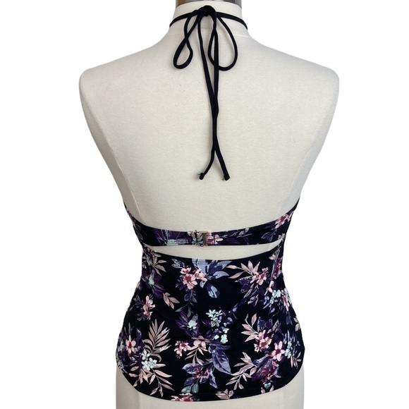 Macrame  Black Floral Halter Tie Tankini Top - Picture 5 of 11